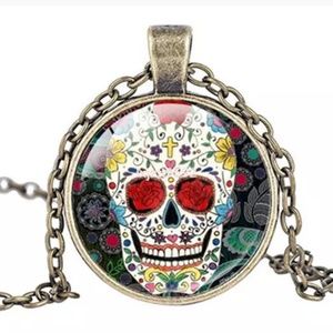 Rose Eyed Sugar Skull Bronze & Glass Necklace
